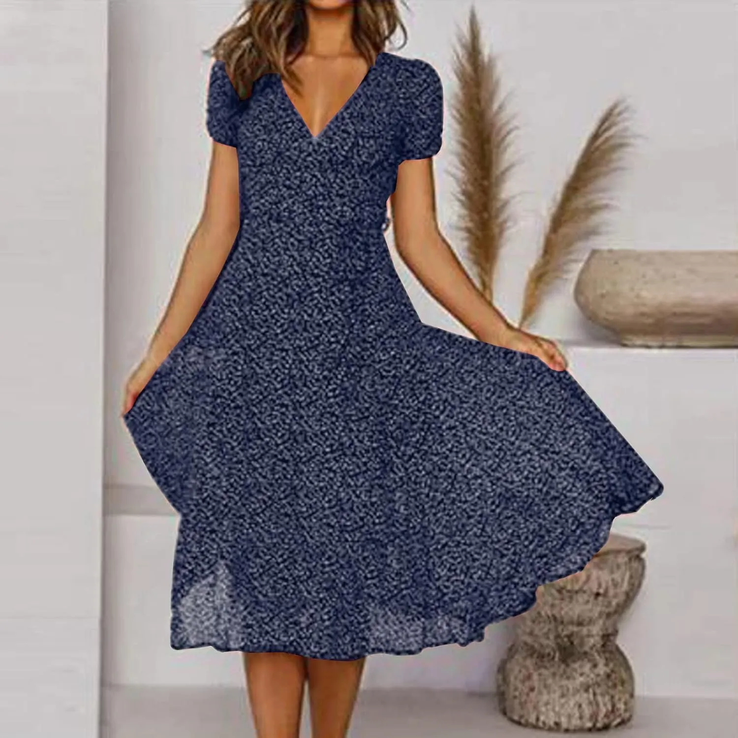 Summer Dresses for Women 2025 Plus Size Short Sleeve V Neck Polka Dot Print Midi Dress Casual Boho Beach Sundresses