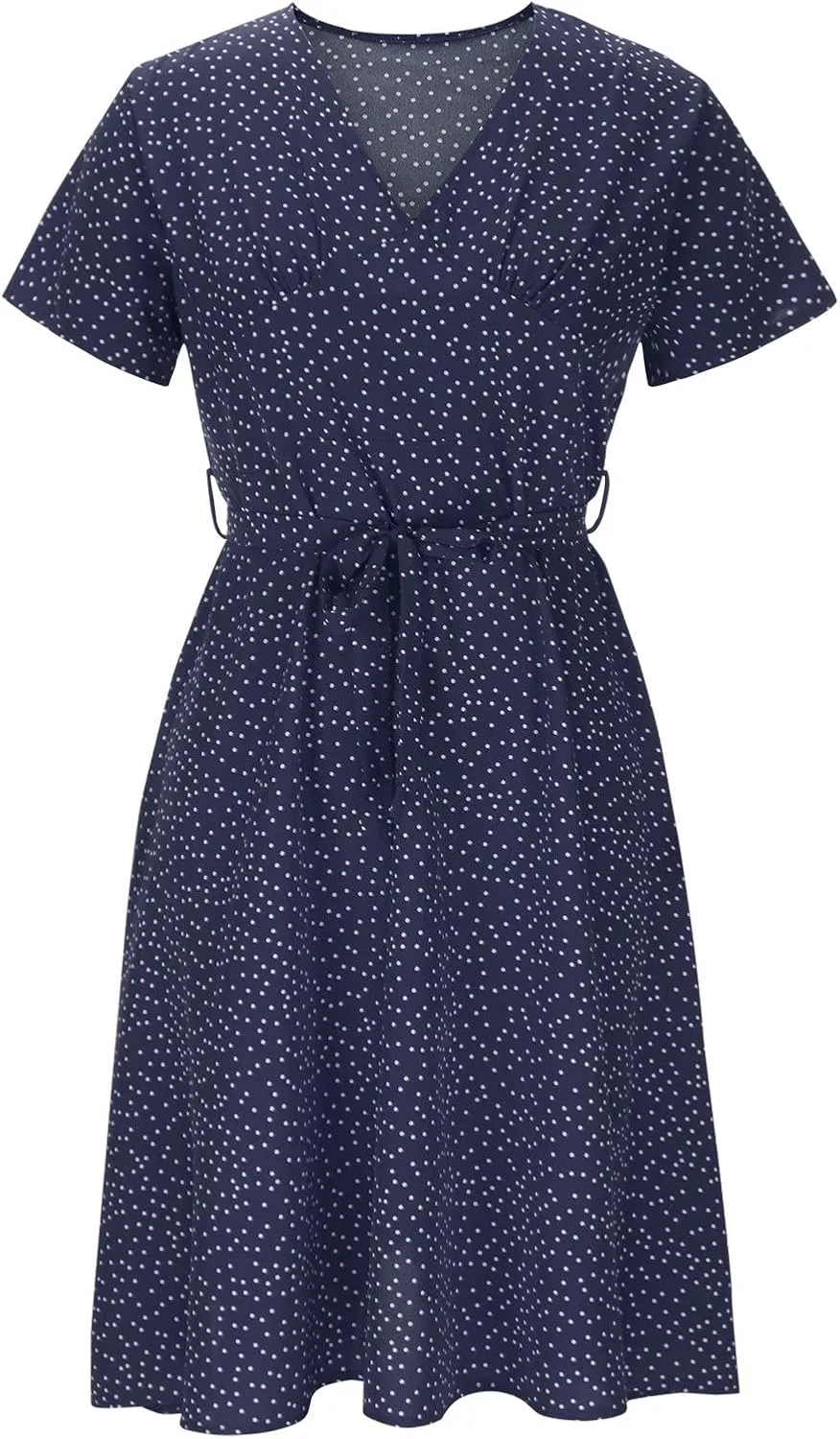 Summer Dresses for Women 2025 Plus Size Short Sleeve V Neck Polka Dot Print Midi Dress Casual Boho Beach Sundresses