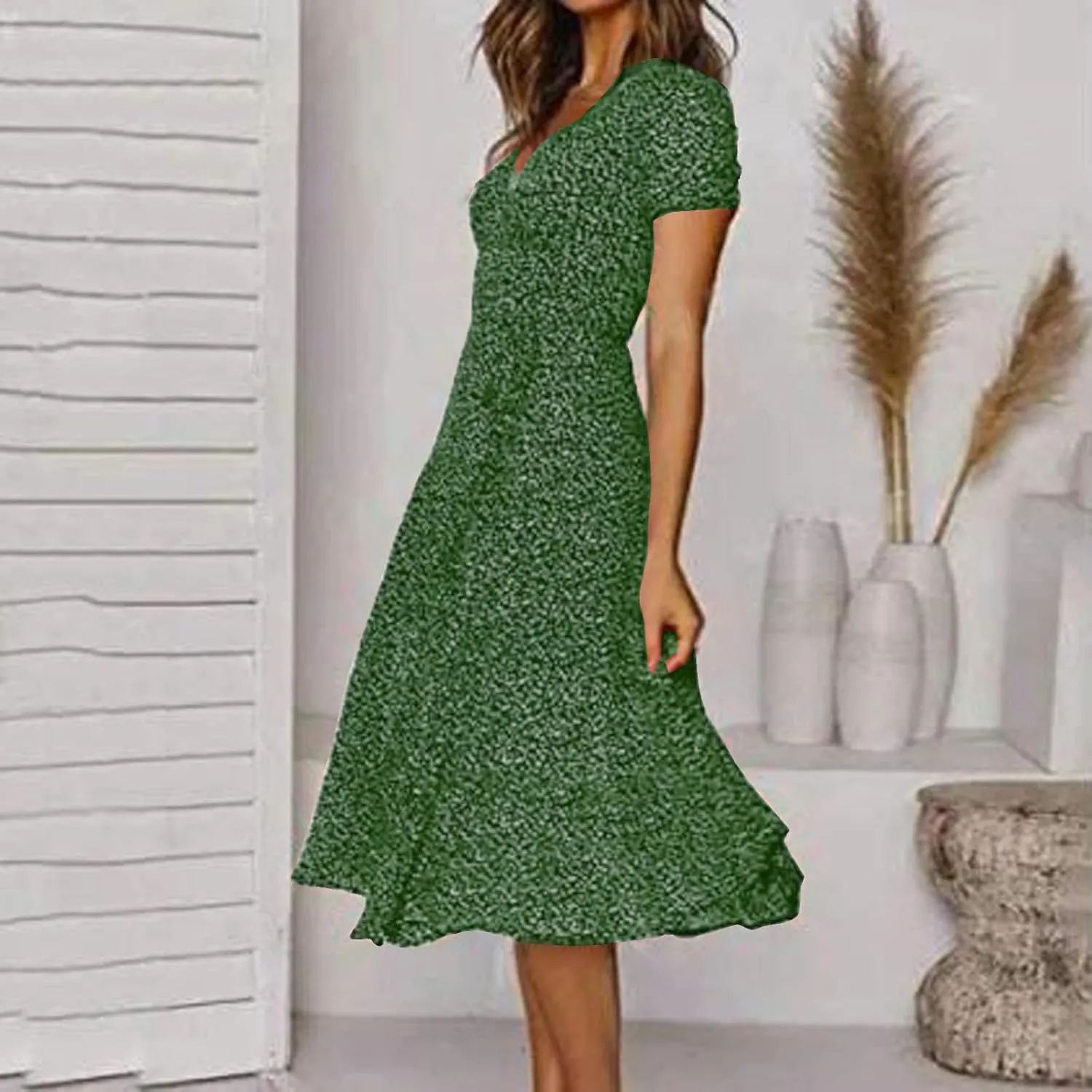 Summer Dresses for Women 2025 Plus Size Short Sleeve V Neck Polka Dot Print Midi Dress Casual Boho Beach Sundresses