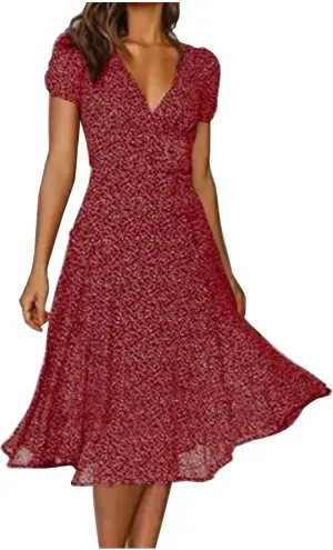 Summer Dresses for Women 2025 Plus Size Short Sleeve V Neck Polka Dot Print Midi Dress Casual Boho Beach Sundresses