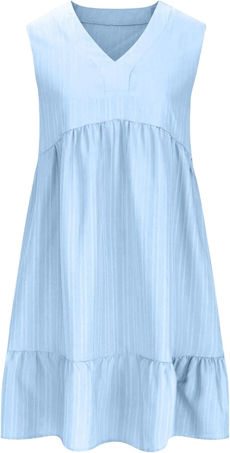 Summer Dresses for Women 2025 Sleeveless v Neck Mini Shirt Dress Casual Pleated Boho Ruffle A Line Swing Sundresses