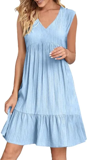 Summer Dresses for Women 2025 Sleeveless v Neck Mini Shirt Dress Casual Pleated Boho Ruffle A Line Swing Sundresses