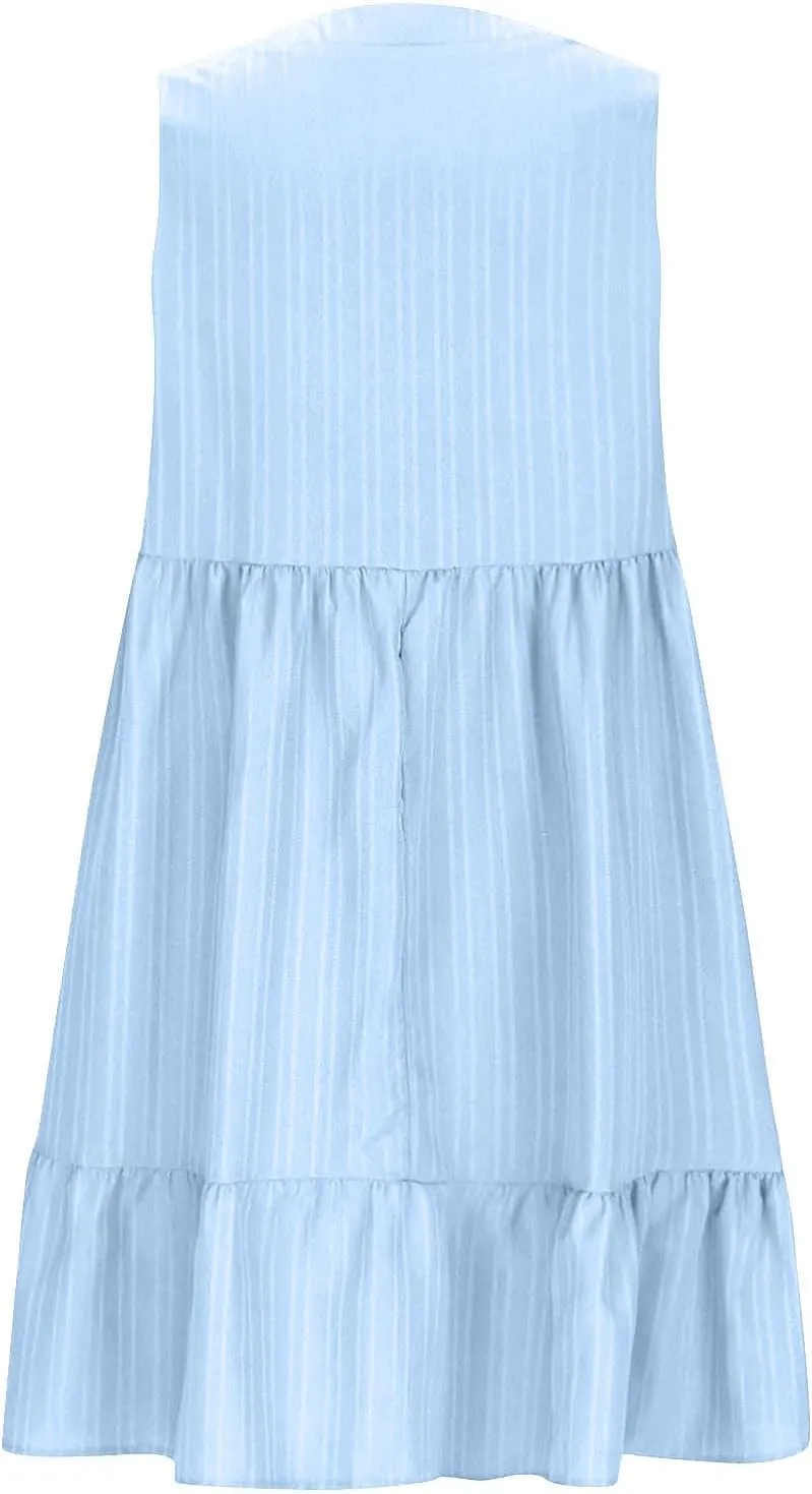 Summer Dresses for Women 2025 Sleeveless v Neck Mini Shirt Dress Casual Pleated Boho Ruffle A Line Swing Sundresses