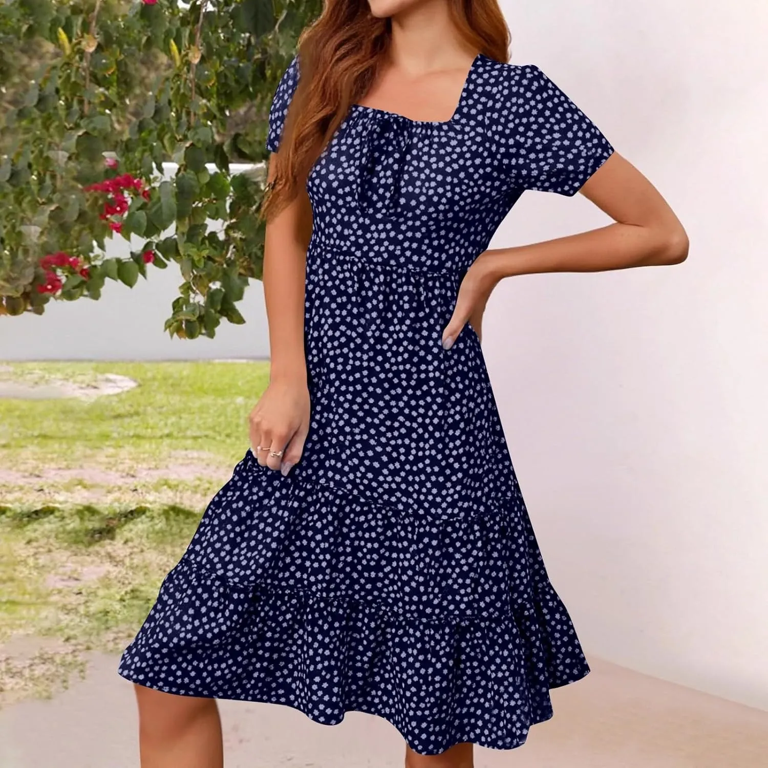 Summer Dresses for Women 2025 Square Neck Tiered Casual Floral Short Sleeve A-Line Flowy Dress Beach Boho Sundress