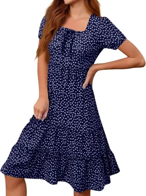 Summer Dresses for Women 2025 Square Neck Tiered Casual Floral Short Sleeve A-Line Flowy Dress Beach Boho Sundress