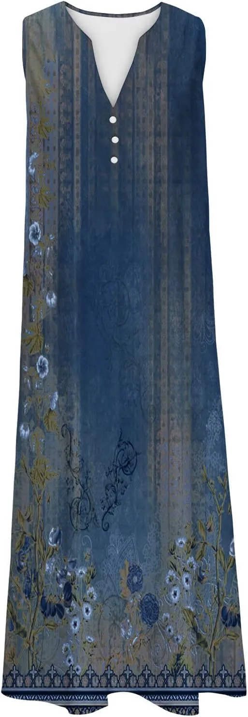Summer Dresses for Women 2025 Vacation Casual Sleeveless v Neck Long Tank Dress Boho Floral Beach Flowy Sundresses