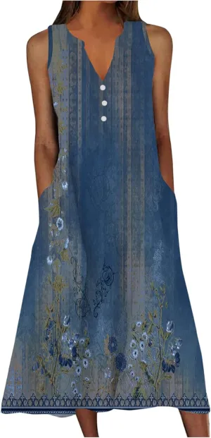 Summer Dresses for Women 2025 Vacation Casual Sleeveless v Neck Long Tank Dress Boho Floral Beach Flowy Sundresses