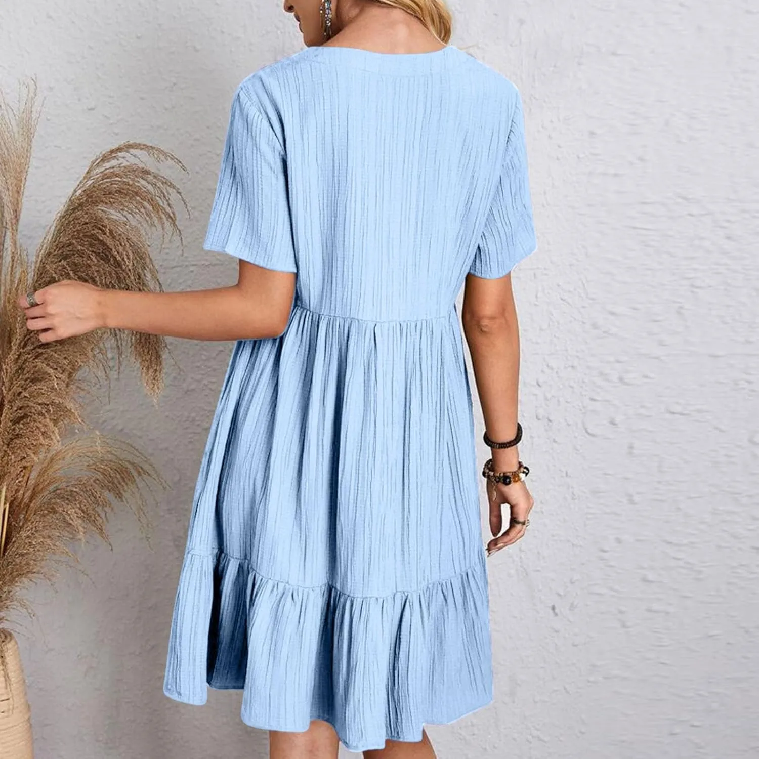 Summer Dresses for Women 2025 Vacation Short Sleeve v Neck Mini T Shirt Dress Pleated Ruffle Flowy Beach Sundresses