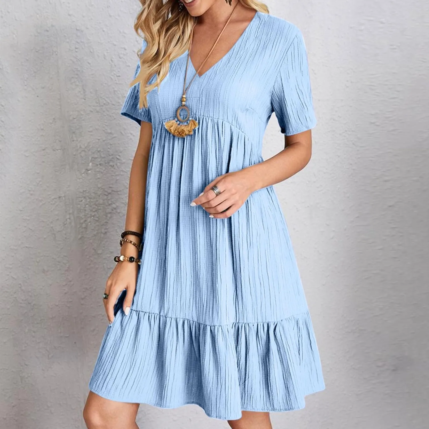 Summer Dresses for Women 2025 Vacation Short Sleeve v Neck Mini T Shirt Dress Pleated Ruffle Flowy Beach Sundresses