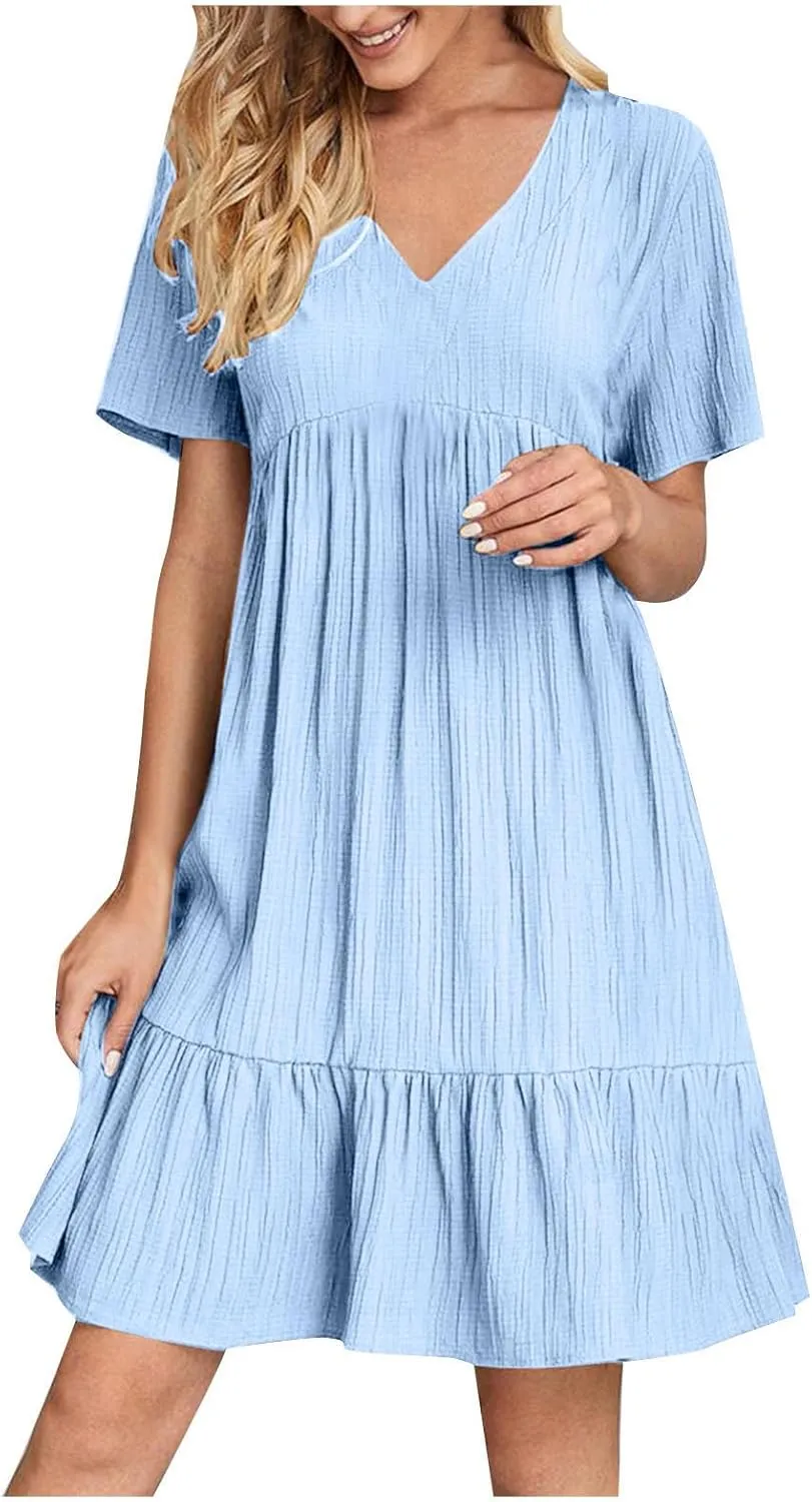 Summer Dresses for Women 2025 Vacation Short Sleeve v Neck Mini T Shirt Dress Pleated Ruffle Flowy Beach Sundresses