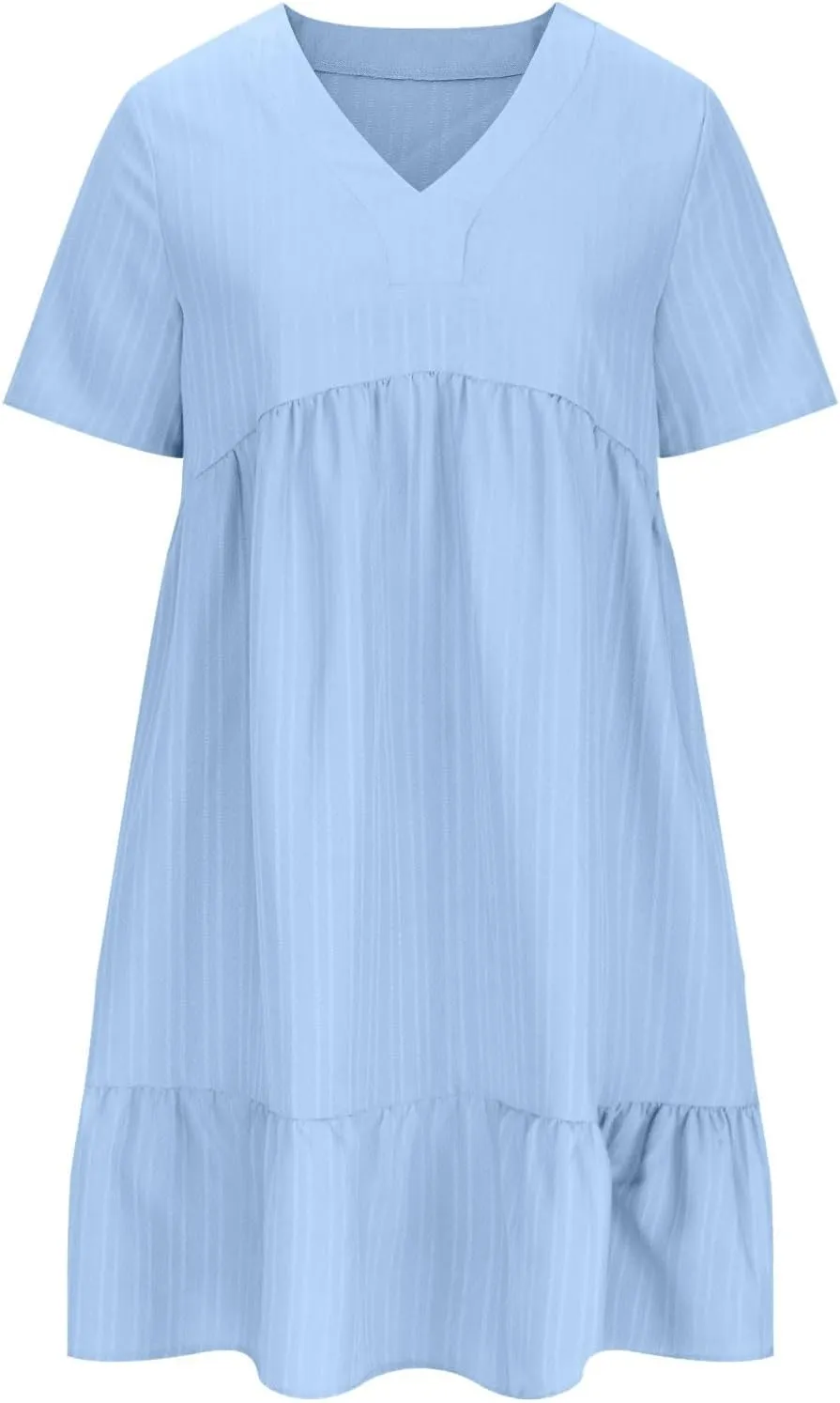 Summer Dresses for Women 2025 Vacation Short Sleeve v Neck Mini T Shirt Dress Pleated Ruffle Flowy Beach Sundresses