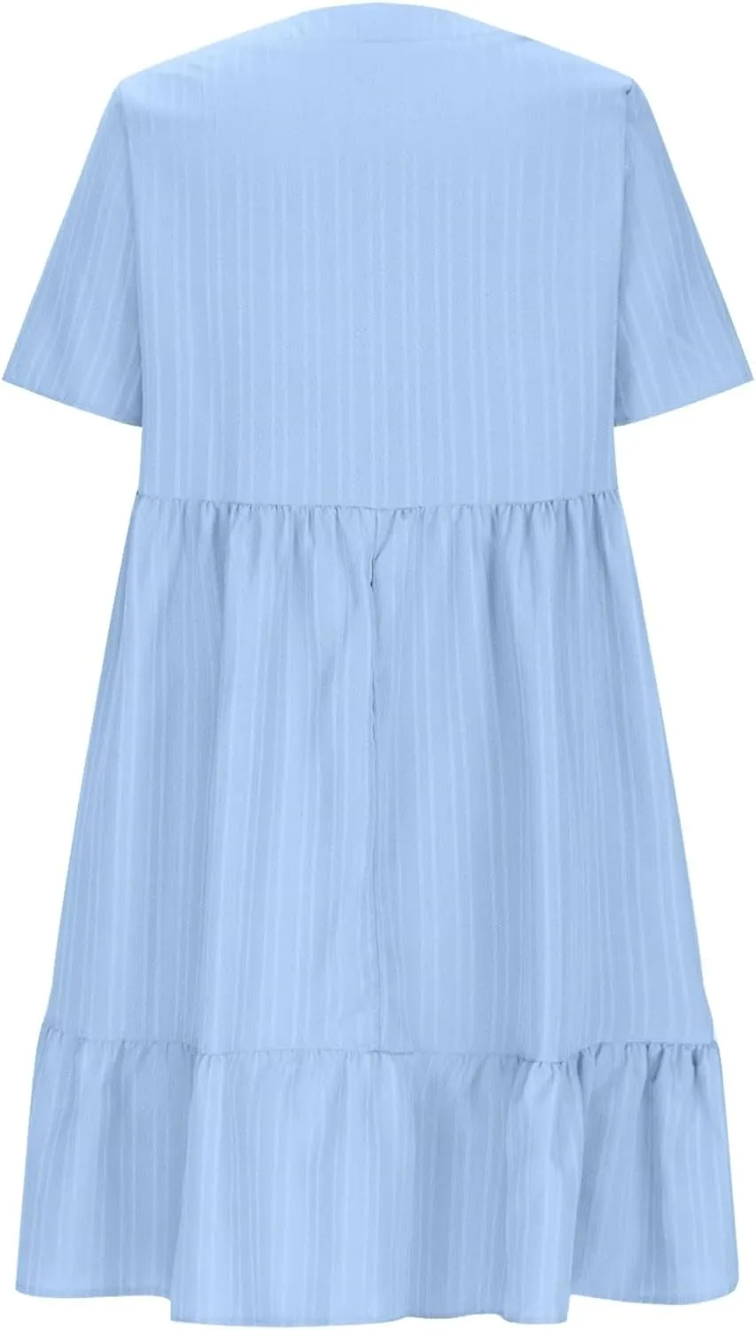 Summer Dresses for Women 2025 Vacation Short Sleeve v Neck Mini T Shirt Dress Pleated Ruffle Flowy Beach Sundresses