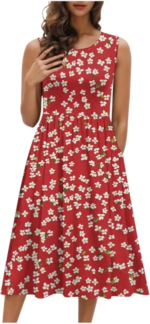 Summer Dresses for Women 2025,Casual Floral Tank Dresses Boho Spring Vacation Beach Midi Sun Dresses with Pockets