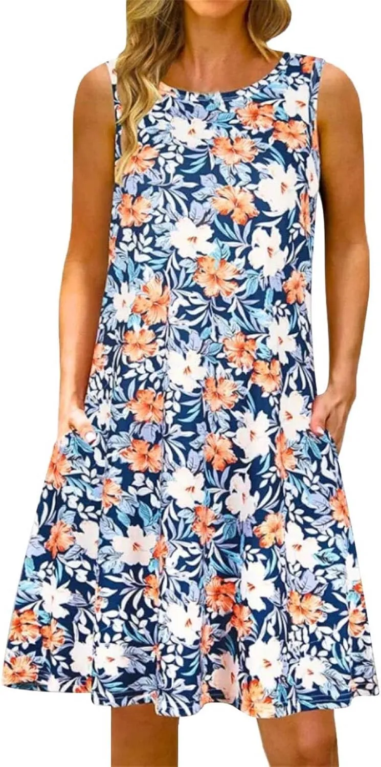 Summer Dresses for Women Beach Boho Sleeveless Vintage Floral Flowy Pocket Tshirt Tank Sundresses Round Neck Swing Dress