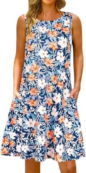 Summer Dresses for Women Beach Boho Sleeveless Vintage Floral Flowy Pocket Tshirt Tank Sundresses Round Neck Swing Dress