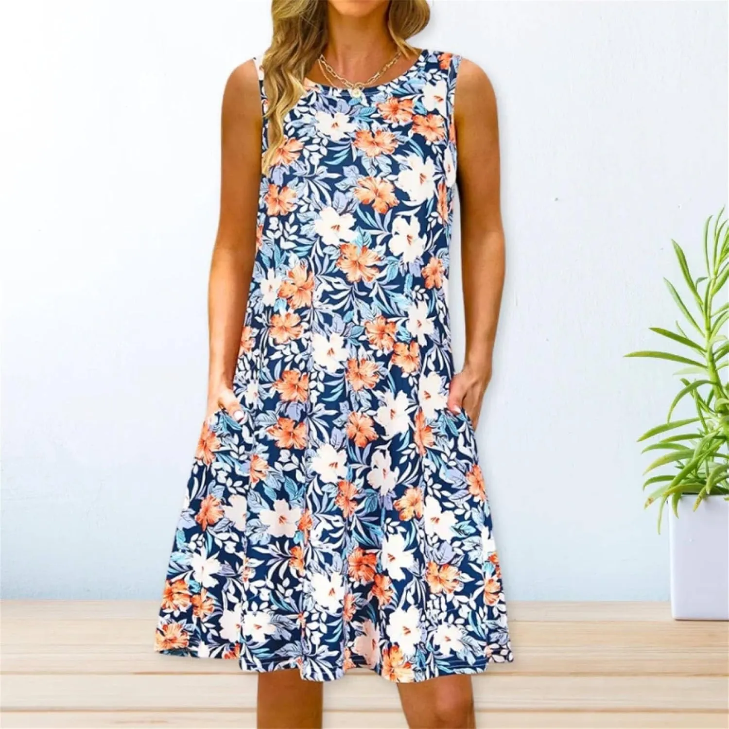 Summer Dresses for Women Beach Boho Sleeveless Vintage Floral Flowy Pocket Tshirt Tank Sundresses Round Neck Swing Dress