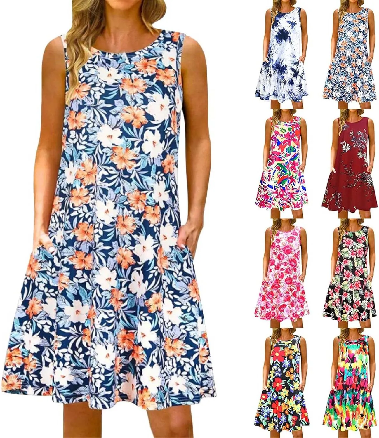 Summer Dresses for Women Beach Boho Sleeveless Vintage Floral Flowy Pocket Tshirt Tank Sundresses Round Neck Swing Dress