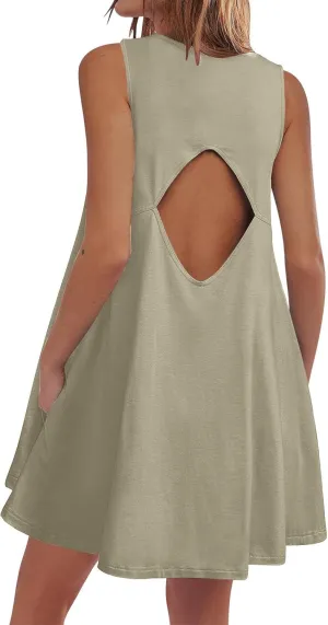 Summer Dresses for Women Solid Sleeveless Cutout Back Sundress Beach Swimwear Summer Casual Mini Dress with Pockets