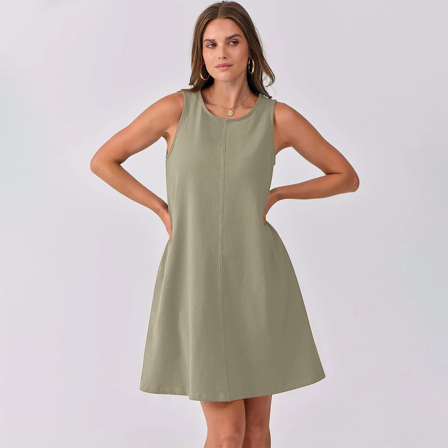 Summer Dresses for Women Solid Sleeveless Cutout Back Sundress Beach Swimwear Summer Casual Mini Dress with Pockets