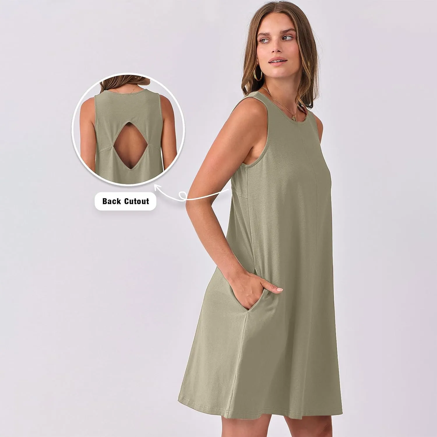 Summer Dresses for Women Solid Sleeveless Cutout Back Sundress Beach Swimwear Summer Casual Mini Dress with Pockets