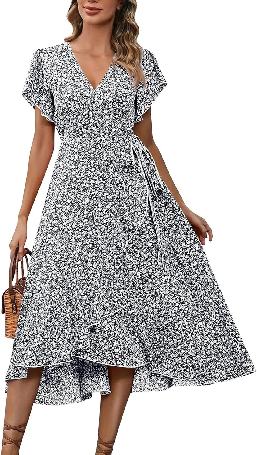 Summer Floral Dresses for Women 2025 Midi Wrap Dress Tie Waist Ruffle Hem V Neck Flutter Short Sleeve Beach Dresses