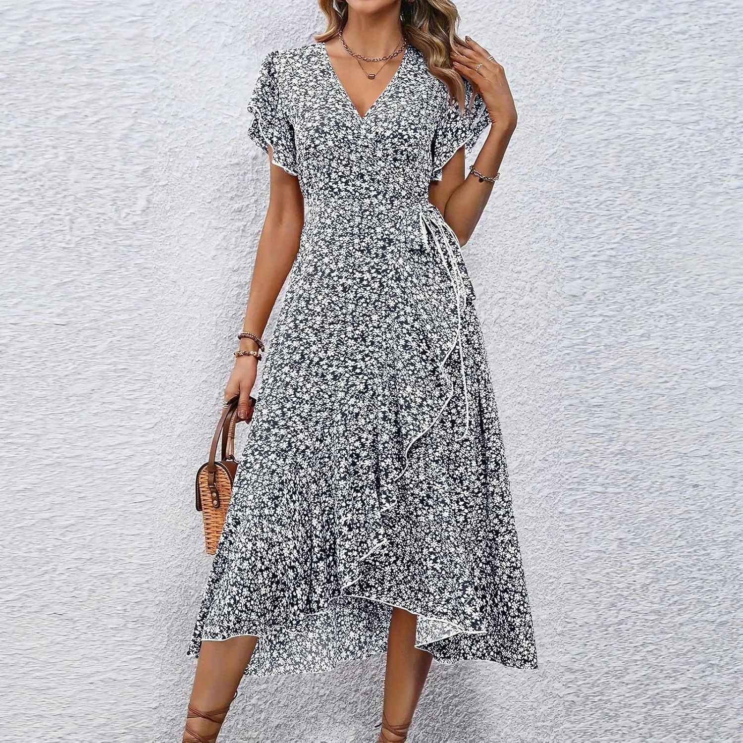 Summer Floral Dresses for Women 2025 Midi Wrap Dress Tie Waist Ruffle Hem V Neck Flutter Short Sleeve Beach Dresses