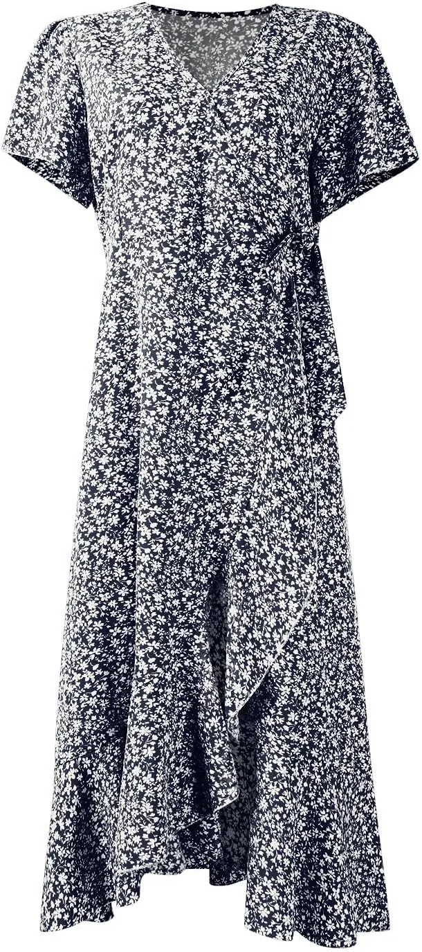 Summer Floral Dresses for Women 2025 Midi Wrap Dress Tie Waist Ruffle Hem V Neck Flutter Short Sleeve Beach Dresses