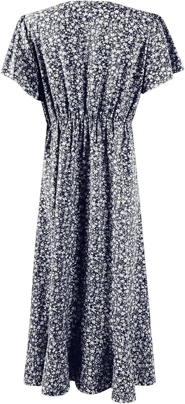 Summer Floral Dresses for Women 2025 Midi Wrap Dress Tie Waist Ruffle Hem V Neck Flutter Short Sleeve Beach Dresses