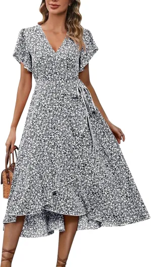 Summer Floral Dresses for Women 2025 Midi Wrap Dress Tie Waist Ruffle Hem V Neck Flutter Short Sleeve Beach Dresses