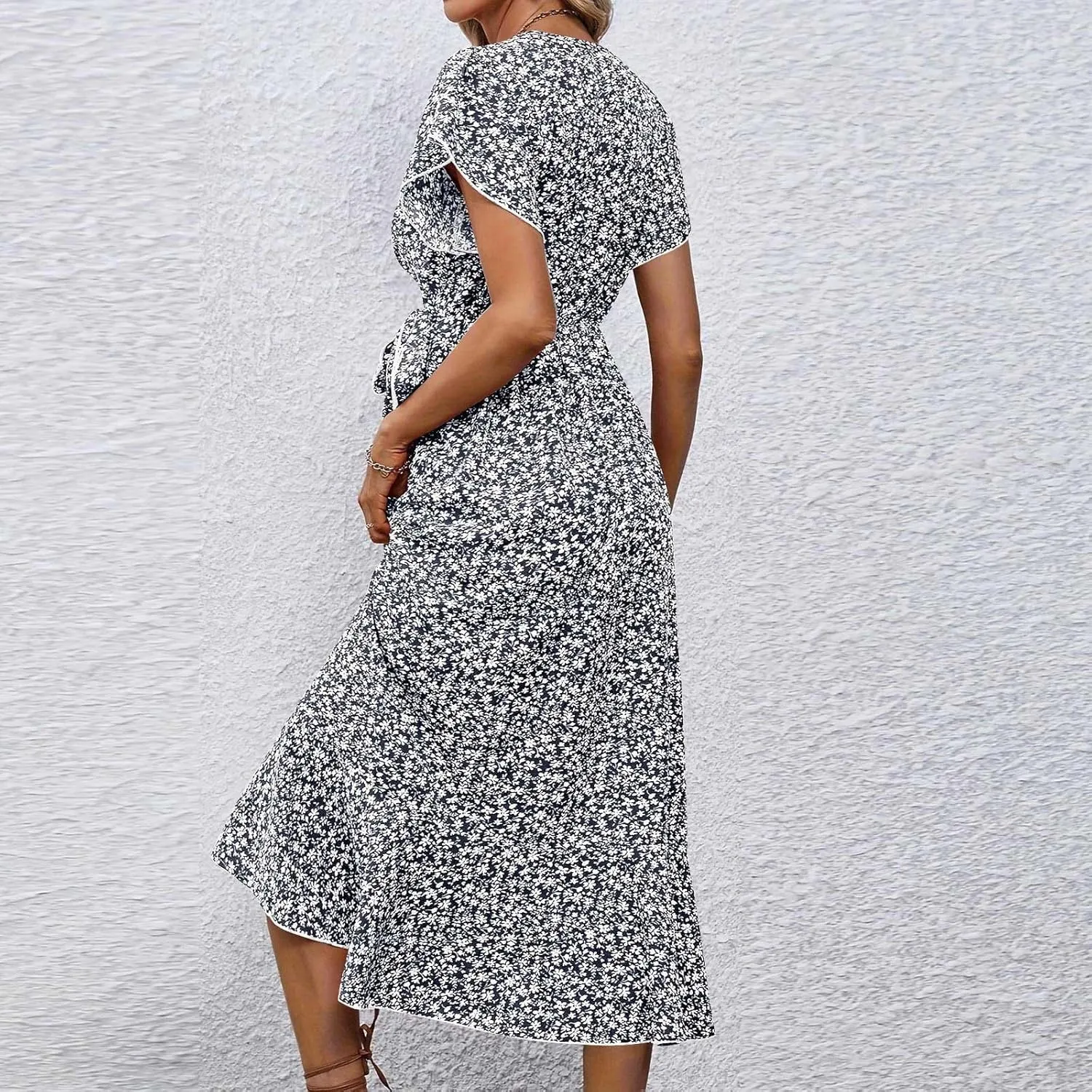 Summer Floral Dresses for Women 2025 Midi Wrap Dress Tie Waist Ruffle Hem V Neck Flutter Short Sleeve Beach Dresses