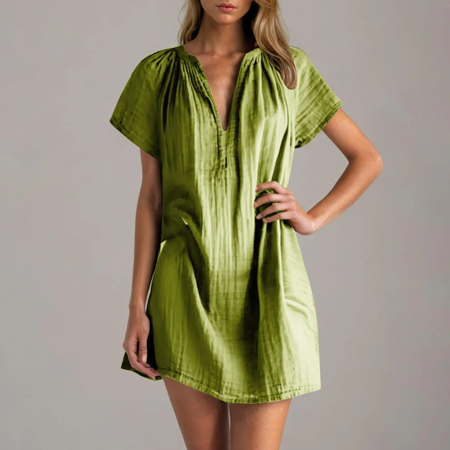 Summer Mini Dress for Women Trendy V Neck Short Sleeve Linen Vintage Sundress Casual Loose Beach Vacation Dresses