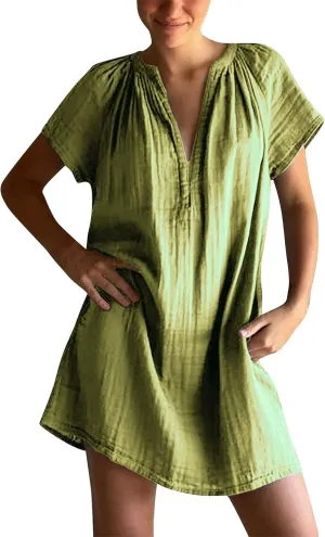 Summer Mini Dress for Women Trendy V Neck Short Sleeve Linen Vintage Sundress Casual Loose Beach Vacation Dresses