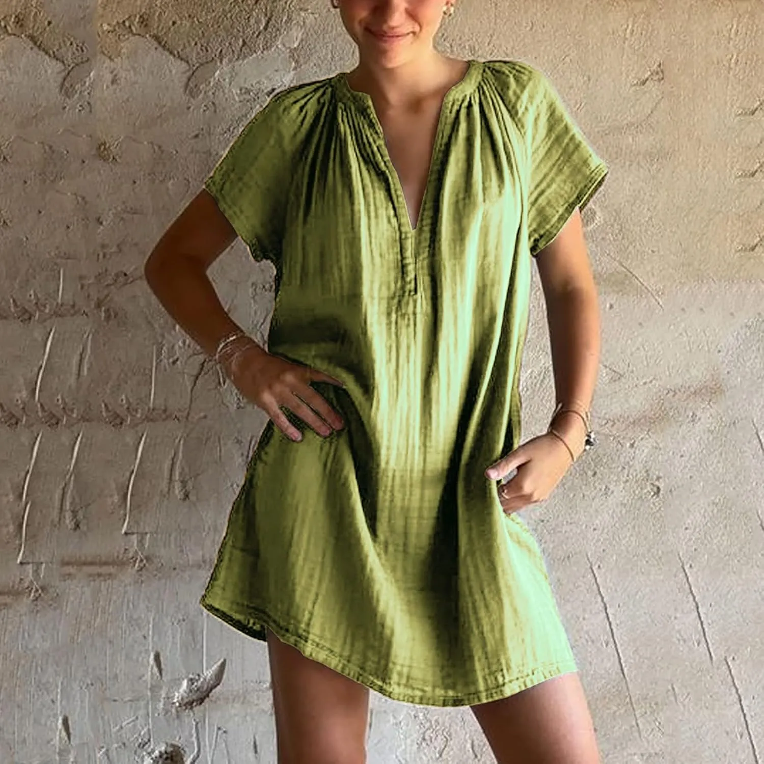 Summer Mini Dress for Women Trendy V Neck Short Sleeve Linen Vintage Sundress Casual Loose Beach Vacation Dresses