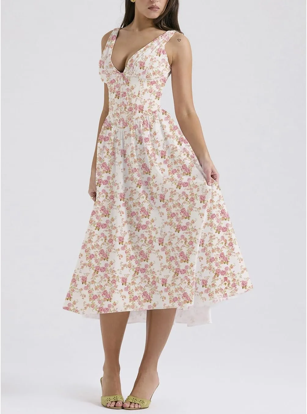 Summer Party Dresses for Women Elegant Classy, Floral Slim Suspender Long Skirt V-Neck,Going Out Dress