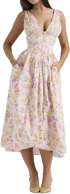 Summer Party Dresses for Women Elegant Classy, Floral Slim Suspender Long Skirt V-Neck,Going Out Dress