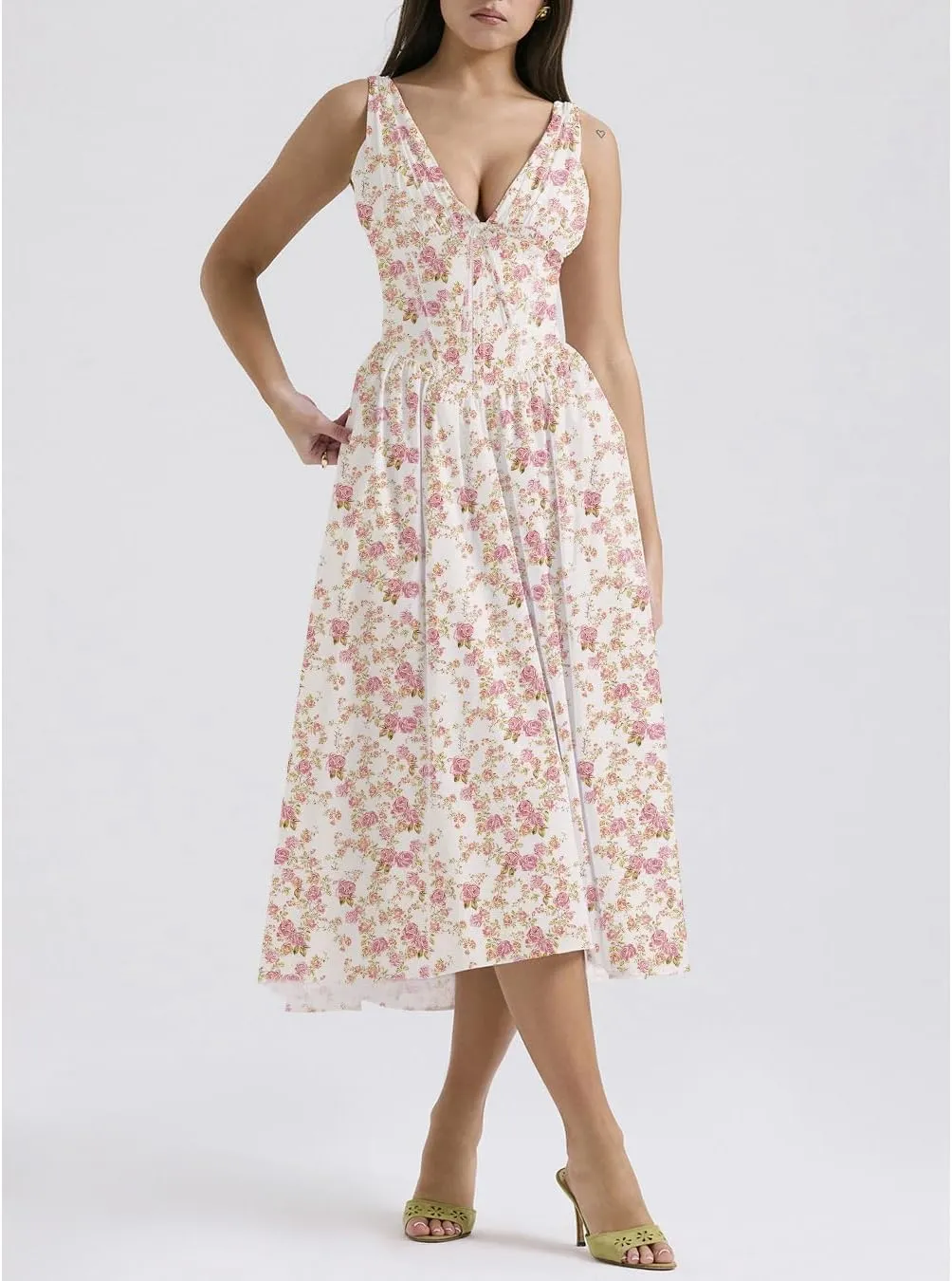 Summer Party Dresses for Women Elegant Classy, Floral Slim Suspender Long Skirt V-Neck,Going Out Dress