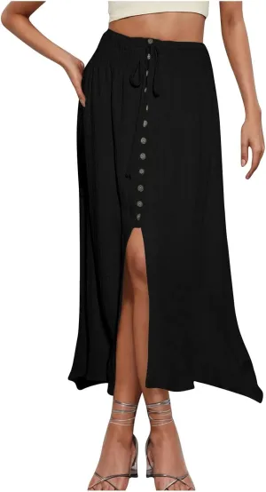 Summer Skirts for Women Vacation Beach Boho Pleated Long Skirt Front Button Elastic Waisted Maxi Skirt with Slit
