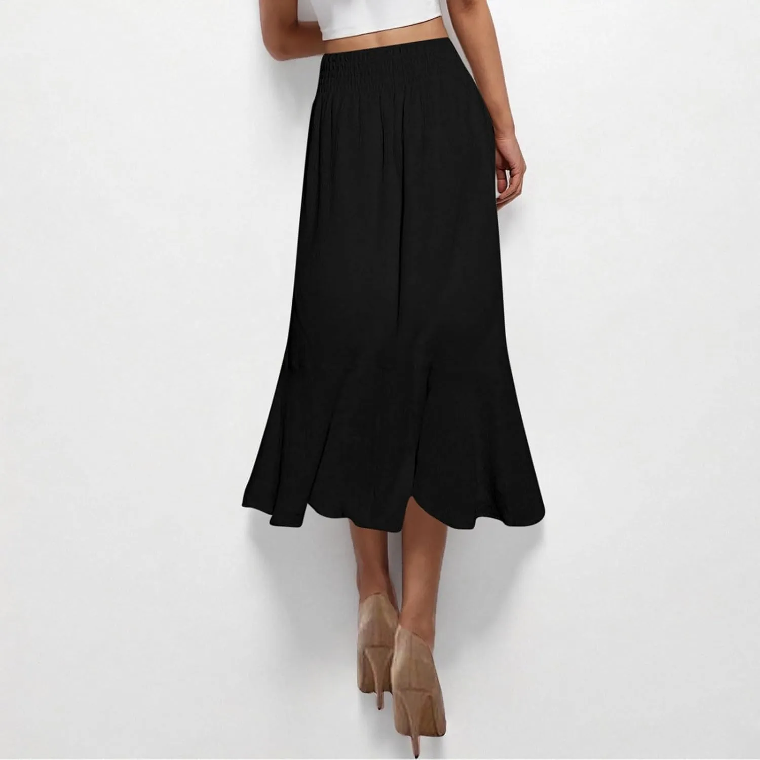 Summer Skirts for Women Vacation Beach Boho Pleated Long Skirt Front Button Elastic Waisted Maxi Skirt with Slit