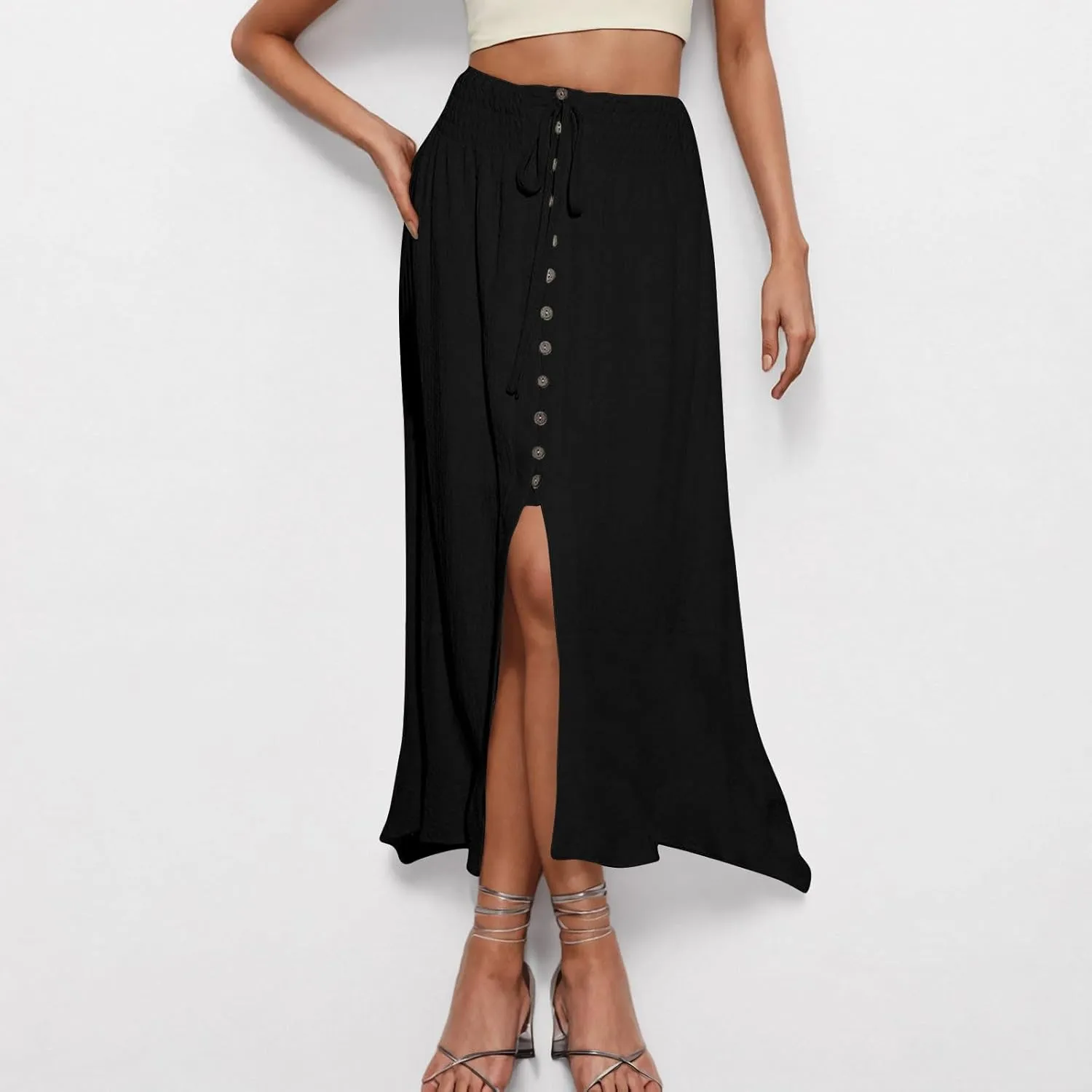 Summer Skirts for Women Vacation Beach Boho Pleated Long Skirt Front Button Elastic Waisted Maxi Skirt with Slit