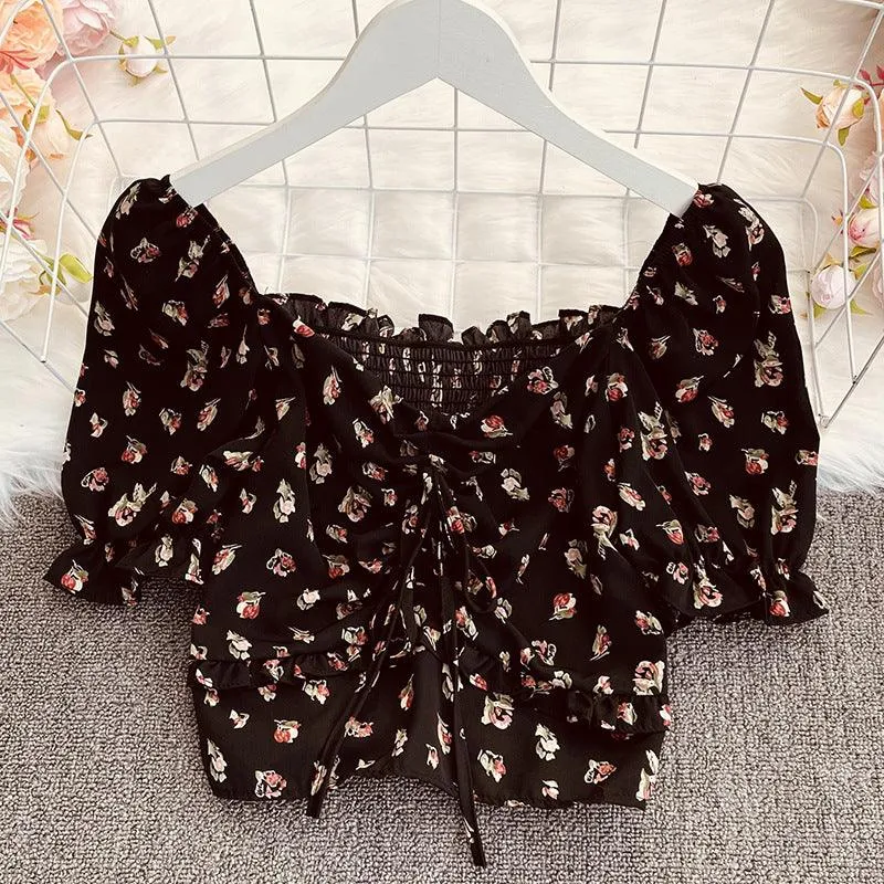 Summer Style Korean Chiffon Shirt Wooden Ear Lace Short-sleeved Top