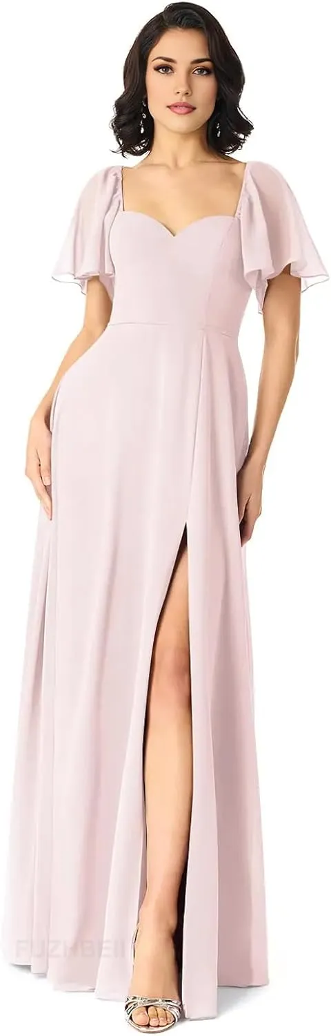 Sweetheart Neckline A-Line Bridesmaid Dresses Ruffle Sleeve V Back Chiffon Prom Formal Dresses with Slit P122