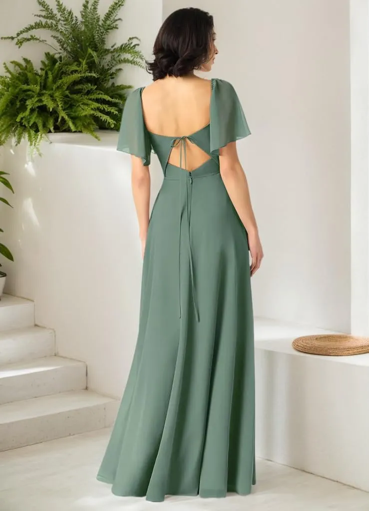 Sweetheart Neckline A-Line Bridesmaid Dresses Ruffle Sleeve V Back Chiffon Prom Formal Dresses with Slit P122
