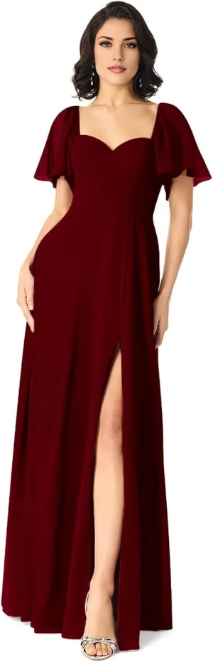 Sweetheart Neckline A-Line Bridesmaid Dresses Ruffle Sleeve V Back Chiffon Prom Formal Dresses with Slit P122
