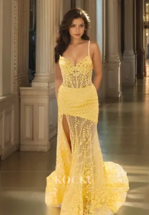 Sweetheart Spaghetti Straps Sheath High Slit Train Stripe Sheer Prom Dress Party Dress with Appliques