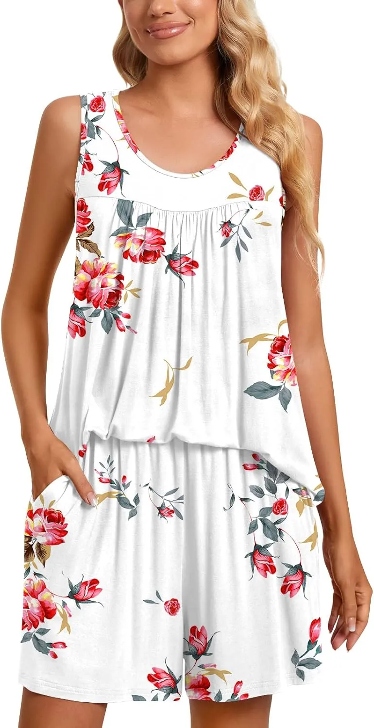 TAOHUADAO 2 Piece Women's Sleeveless Pajama Sets, Lounge Sleepwear Ladies Pjs Sets with Pockets