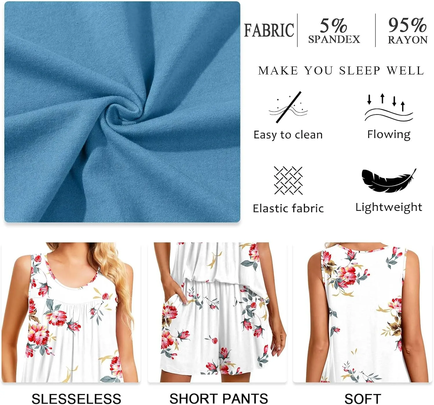 TAOHUADAO 2 Piece Women's Sleeveless Pajama Sets, Lounge Sleepwear Ladies Pjs Sets with Pockets