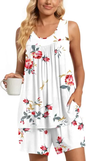 TAOHUADAO 2 Piece Women's Sleeveless Pajama Sets, Lounge Sleepwear Ladies Pjs Sets with Pockets