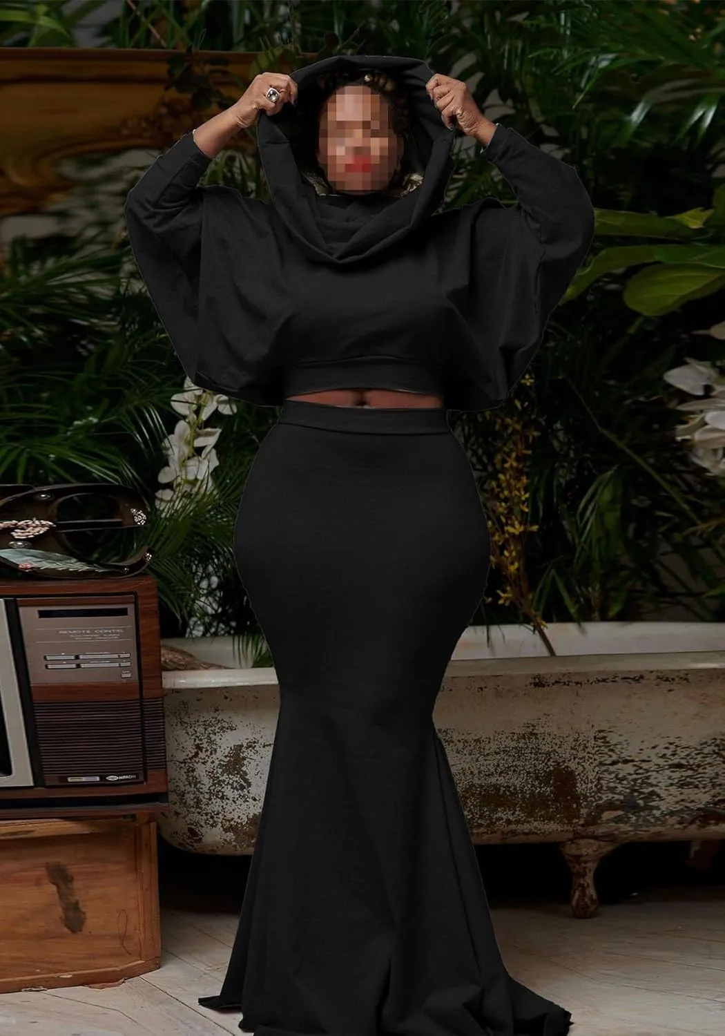 Tbahhir Womens Batwing Sleeve Heaps Collar Tops 2 Piece Outfit Crop Top and Bodycon Fishtail Mermaid Maxi Skirt Sets