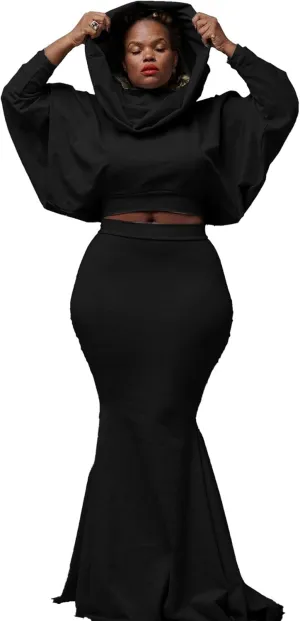 Tbahhir Womens Batwing Sleeve Heaps Collar Tops 2 Piece Outfit Crop Top and Bodycon Fishtail Mermaid Maxi Skirt Sets