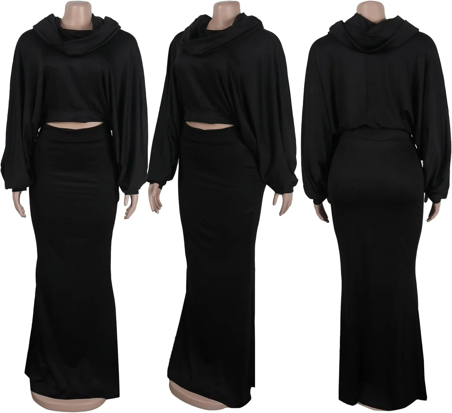 Tbahhir Womens Batwing Sleeve Heaps Collar Tops 2 Piece Outfit Crop Top and Bodycon Fishtail Mermaid Maxi Skirt Sets